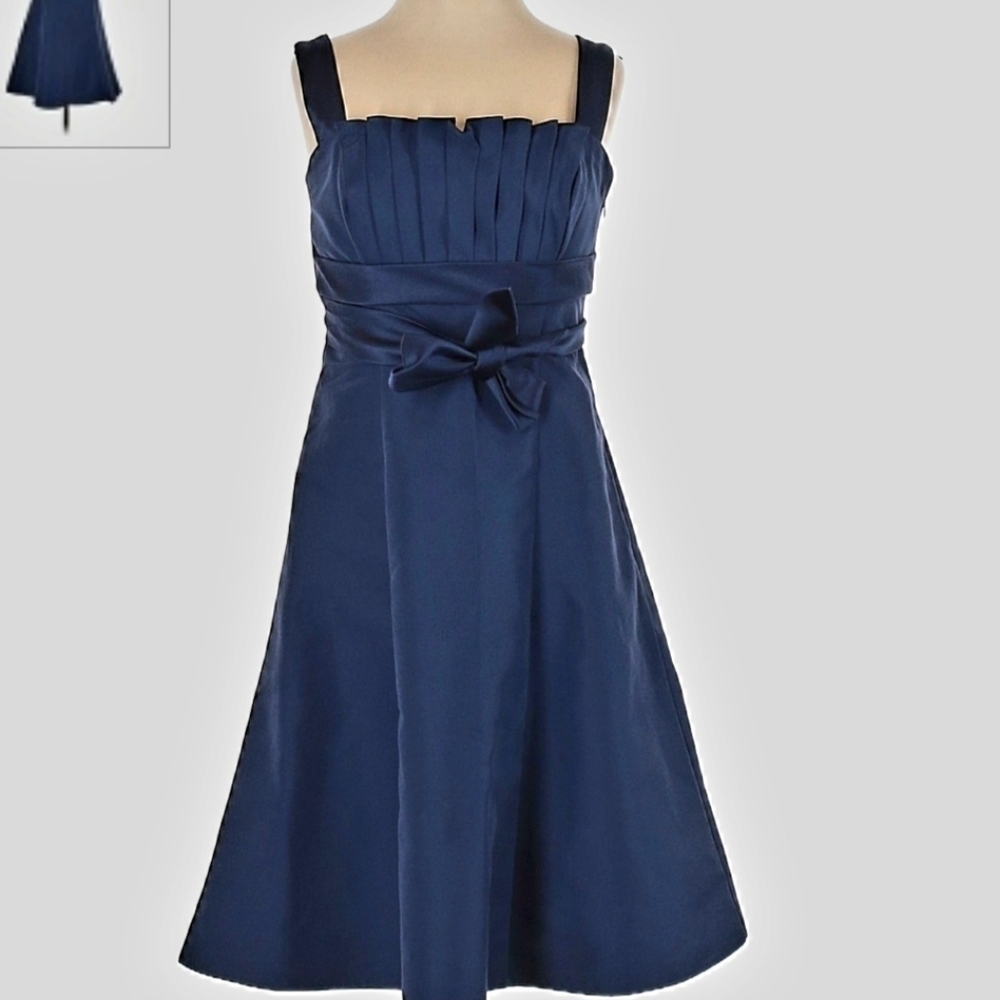 David's Bridal Bridesmaid Navy Blue Ruffle Crumbcatcher Dress Women's Size 2 EUC